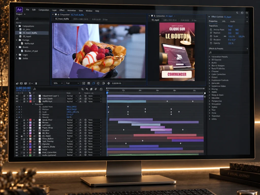 Mise en scène d’After Effects avec une vidéo horizontale de dessert, la composition verticale Al Bourhan « LE BOUTON » et une timeline détaillée.